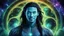 Placeholder: beautiful gorgeous young man na'vi with long hair, Avatar, blue skin, two small ears, green eyes, black hair, in cosmic suit, galactic ambiance, medium pointy goatee , smiling, nebulas and sacred geometry light figures on the backgroud,