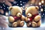 Placeholder: cute teddy bears holding hearts covered in sparkling gold glitter, beautiful winter composition, snowflakes, pine branches, Christmas ornaments and glowing Christmas lights