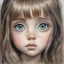 Placeholder: Little girl , in the style of Margaret Keane, long hair, ,very huge damp eyes, close up