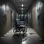 Placeholder: Hyper Realistic wheelchair in between of a dark hallway of a huge hospital at night with peeling wall paint