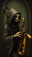 Placeholder: Hieronymus Bosch style , a hooded alien playing the saxophone