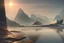 Placeholder: distant modern city, sea, mist, rocks, lake reflection, epic, sci-fi, movie poster