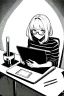 Placeholder: hacker girl with glasses use a laptop sitting in a cafe, line arts, greyscale