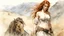 Placeholder: Hyper-photorealistic watercolor art style by Luis Royo , ginger-haired woman with natural skin tones, hyperdetailed face, full body diagonal shot, encounters male bandits in dark fantasy countryside setting, absence of mysterious elements, dramatic lighting, ultrafine detail, octane rendering., by