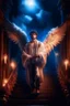 Placeholder: fluffy clouds, portrait of the streetwise magician posing in elaborate cape, angels and demons, fireflies , staircase with closed gates of heaven, 4 k, down light, depth of field, trending art, high detail