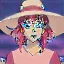 Placeholder: Pink witch made of fire with red eyes. Long curly wild pastel pink hair. Pink and red eyeshadow. Red lipstick. Freckles. Big pink witch hat.