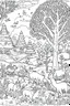 Placeholder: A coloring page bold ink sketch illustration drawing of A festive woodland scene with animals wearing Santa hats and exchanging gifts under a snow-covered tree.