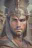 Placeholder: Mesopotamian warrior, expression serious, aura, portrait, background Mesopotamian city