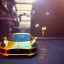 Placeholder: 3d rendering. futuristic steampunk yellow car. Tokio background. Lost in Time