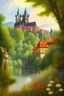 Placeholder: Prague castle, forest, protection of nature, ecology, oil painting, beautiful garden, flowers, warm colors, animals, Czech republic, lake