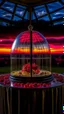 Placeholder: full shot of happy dandys eating cherries in a floating glass dome, dreamlike atmosphere, in the background the landscape burns like hell, in the style of jasper johns