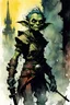 Placeholder: goblin female, create in inkwash and watercolor, carnival in the comic book art style of Mike Mignola, Bill Sienkiewicz and Jean Giraud Moebius, highly detailed, grainy, gritty textures, dramatic natural lighting