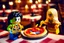 Placeholder: blonde lego girl and curly black haired lego boy eating lego pizza in an italian restaurant in candlelight