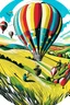 Placeholder: A GoPro camera is attached to the underside of a hot air balloon, capturing a breathtaking view of rolling hills and colorful patchwork fields below. A flock of geese flies alongside the balloon, casting long shadows against the landscape. Style: Dynamic, Mood: Euphoric, Lighting: Clear, bright sunlight, T-shirt design graphic, vector, contour, white background.