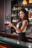 Placeholder: bartender girl with wavy skirt giving drink to drinker wine