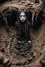 Placeholder: Closeup petit Girl goth with big eyes, fullbody, ragged clothes, extended like roots, the perspective looking up from the bottom of an empty well ,under mud and rats, 8k,macro photography,