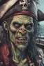 Placeholder: close up portrait of a zombi as a pirate, 2d drawing, background on a boat