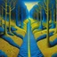 Placeholder: Meander style, crystal blue river, yellow path in geometric pattern cuts through surreal forest along riverbank, by Jack Yerka assisted by Tim Burton, intricately detailed, art from beyond.