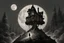 Placeholder: subrealist, horizontal black and white, obscured by dense forest fog, superbig full moon, moon is a center of image, tim burton character, exagerated, cartoony house, several floors, tim burton proportions, woman wiht cape and hood, woman stand up on spiral rock, face woman sad, super big eyes, circles eyes, background old house, high house more rooms, backlight, sad, high house several rooms, house tree, superfullmoon, house upper circle mountain, ambient fog, distorsion, fantasy