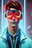 Placeholder: Male Netrunner with blue green red and yellow jacket, virtual reality goggles around his neck, very short dark red hair