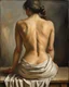 Placeholder: masterpiece classical academic oil painting, figurative study of a seated female figure viewed from behind, focus on anatomy, posture, and painterly texture, subject seated on a surface with a natural relaxed pose, torso slightly leaning forward the figure is partially draped in simple light fabric around the lower body and upper torso, arranged modestly, emphasizing form through light and shadow rather than exposure detailed back anatomy: visible shoulder blades, natural spine curvature, soft m