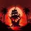 Placeholder: A dark pirate ship , turning to the right, with a red/orange sun and palm trees in the background