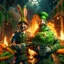 Placeholder: victory portrait of crazy cook and army officer holding huge carrots rockets inside grove with fluffy hare with mutations getting blasted by explosions, 4 k, down-light, soft light, depth of field, photo realism, trending on art station, high detail, spray paint