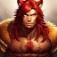 Placeholder: Barbarian anime character, animal hide armor, physically fit, tribal tattoos, scars, washboard abs, red facepaint, red hair, dark eyeshadow, intricate eyeliner, soft round eyes, beads in hair, 8k resolution, cinematic smooth, intricate details, vibrant colors, realistic details, masterpiece, oil on canvas, smokey background