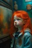 Placeholder: Little girl with red hair in Cyberpunk wunderkammer painted by Rembrandt, unsane details, soft colors