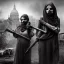 Placeholder: women, faces covered in black masks, ragged clothes, holding flag, realistic, Life Magazine photgraphy, war-torn, destroyed city in the background, 8k resolution, hyperrealistic, detailed matte painting, b&w, dynamic lighting, war, anarchy, terrorists, George Grie, Ben Goossens, brian froud, howard lyon, selina french