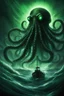 Placeholder: From the abyssal depths, a colossal octopus-like horror ascends, its tentacles reaching towards the heavens like grasping claws. A lone boat, caught in its path, flees in terror. The creature's eyes glow with an eerie green luminescence, its form casting an ominous shadow upon the turbulent waters. Dark, gritty horror, reminiscent of H.P. Lovecraft's cosmic horror stories. Predominantly dark and muted colors, with splashes of eerie green and purple. Overall composition conveys overwhelming dread