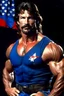 Placeholder: extremely muscular, short, curly, military-style haircut, pitch black hair, with mustache and pointed goatee, Paul Stanley/Elvis Presley/Pierce Brosnan/Jon Bernthal/Sean Bean/Dolph Lundgren/Keanu Reeves/Patrick Swayze/ hybrid, as the extremely muscular Superhero "SUPERSONIC" in an original patriotic red, white and blue, "Supersonic" Super suit with with an America Flag Cape,