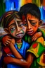 Placeholder: a girl hug her brother and both crying sadly, expressionism, Pixar style, in abstract art Basquiat, Picasso, Miro, Kandinsky, Klee, Birell, Fairey, Ardon, Buffet aand Picasso style, HD --s 750 --v 5.1 --style raw, water color