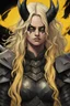 Placeholder: A evil realistic female dark knight with Black sclera, demonic horns and wings, black lips, yellow eyes, long white wavy hair over one eye standing on a battlefield with a evil smile