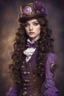 Placeholder: A girl with long, wavy dark brown hair, purple eyes, dressed in steampunk clothes, Nutcracker style