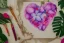 Placeholder: Tropical flowers, realistic heart drawing, crystals, tropical leaves, sacred altar, Fantasy home, cute animal.