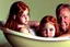 Placeholder: digital art of perfect auburn hair girls with dad in the bedroom in a bathtub with grandpa hugging bare lips