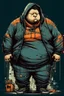 Placeholder: fat boy, hoodie , , cyberpunk,, comic book art style, geek, engineer, t-shirt, jeans, drug addict, ,