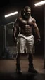 Placeholder: strong burly beefy nigerian mechanic 44 years old, curly hair, wet, short white beard, manly chest, hairy, shirtless in bulging dirty white boxer, big shoulders, tattoo, big calves, barefeet, angry, photorealistic, side light, inside a dark parking lot at night, side neon light, photoRealistic, side view from the ground