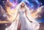 Placeholder: very beautiful cosmic women with white long hair, smiling, with cosmic dress and in the background there is a bautiful sky with stars and light beam