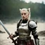 Placeholder: [very impressive high res masterpiece in Kodak Eastman 5247, scene by László Krasznahorkai] Tank Girl with a two handed sword and an armor.