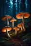 Placeholder: Gigantic luminescent glowing bright wild mushrooms in a dark enchanted forest