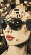 Placeholder: Bosch style painting , A face in details . The texture of the face is a collage of many peace’s of black and white and brown old pictures and newspapers parts sticks on the whloe girls face with black sunglasses in a collage style