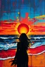 Placeholder: manipulasi torn abstrak a woman hold sun every element is created torn from splashed grunge palette knife applied dripping paint. The rising sun emerges in the sky, formed by vibrant glitching of red, yellow, sunset neon colours paint, blending together. The beach, ocean, and waves are all crafted from paint, with the waves lapping on the shore in flowing, fluid streaks. The scene appears almost 3D, giving a dynamic and textured impression of a sunrise over the ocean, with the bold