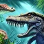 Placeholder: beautiful, stunning paleoart of alligator with fins and fishtail deep underwater, coral reefs, plants, panoramic, in the style of eleanor kish, davide bonadonna, julius csotony, fabio pastor, Jurassic Park photorealistic, illustrative, digital art, 8k resolution, detailed matte, painting, artwork, deviantart