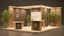 Placeholder: Corner exhibition stand in light colors with wood elements and greenery with two meeting areas