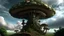 Placeholder: A massive, fantastical mushroom-like structure with intricate, organic shapes and textures, rising from a lush, forested landscape against a dramatic sky