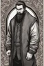 Placeholder: man, medieval, fighter, russian, croocked nose, czar, rich, simple clothes, short messy hair, thick beard, oligarch, leather coat with fur, brocade clothes, pencil drawing, black or red hair, muscles, background frame, 28 years old