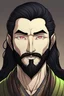 Placeholder: Light skinned korean male elf with black straight hair and a beard veard who is also blind in one eye with dark grey eyes