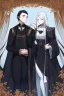 Placeholder: A beautiful young woman with long white hair and blue eyes, pale skin with opal freckles. Wearing a black dress. A man with long black hair in a Victorian suit. Couple.